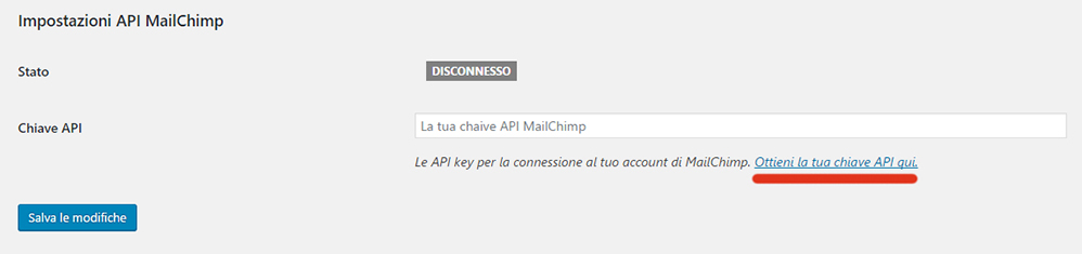 Mailchimp Api Key collegamento sito web